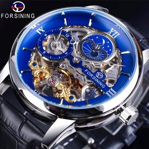 Forsining Skeleton Moon Dial  Watch Mens Dual Time Zone Automatic Watch